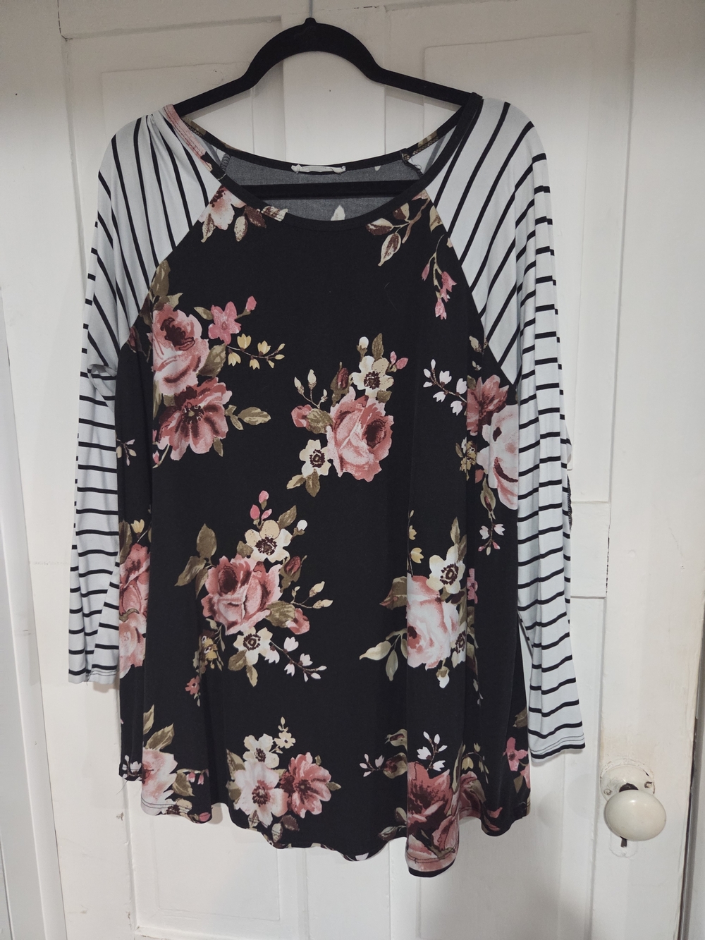 Chic Soul Black Floral Raglan Top with Pink Roses and Striped Sleeves